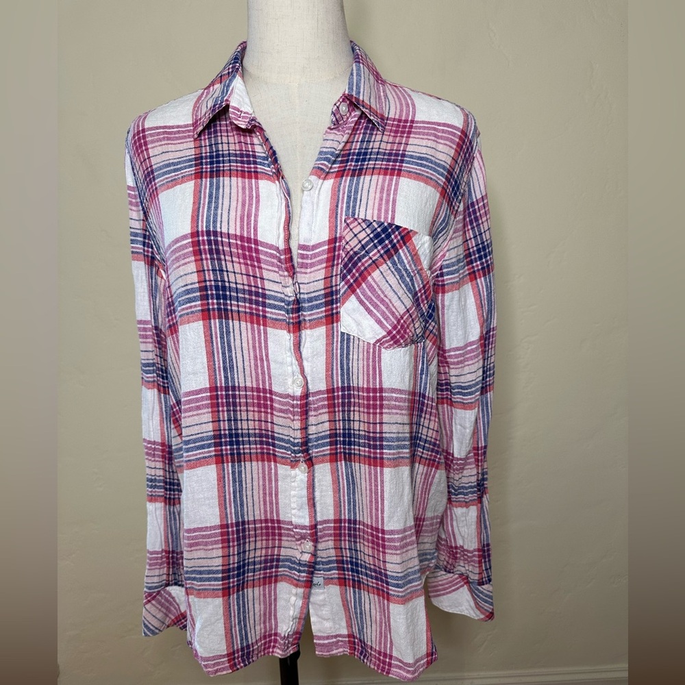 Rails “Charli” plaid linen rayon blouse in fuschia & white peach Size Medium - Picture 1 of 9